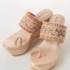 Beige Platform Toe Ring Wedges With Sequin Detailed Broad Strap
