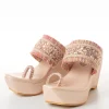 Beige Platform Toe Ring Wedges With Sequin Detailed Broad Strap