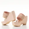 Beige Platform Toe Ring Wedges With Sequin Detailed Broad Strap