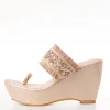 Beige Platform Toe Ring Wedges With Sequin Detailed Broad Strap