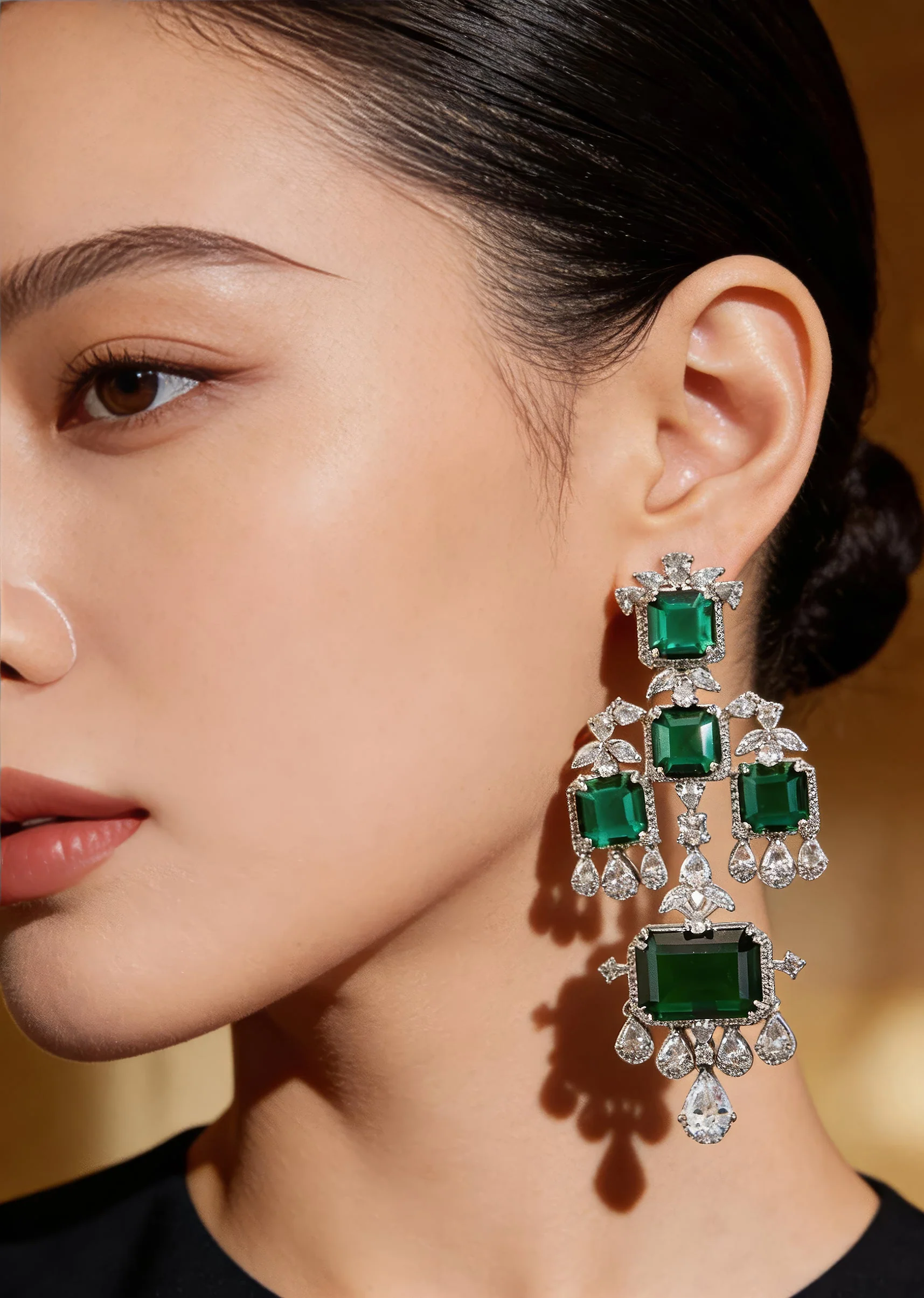 Silver Plated Green Chandelier Earrings