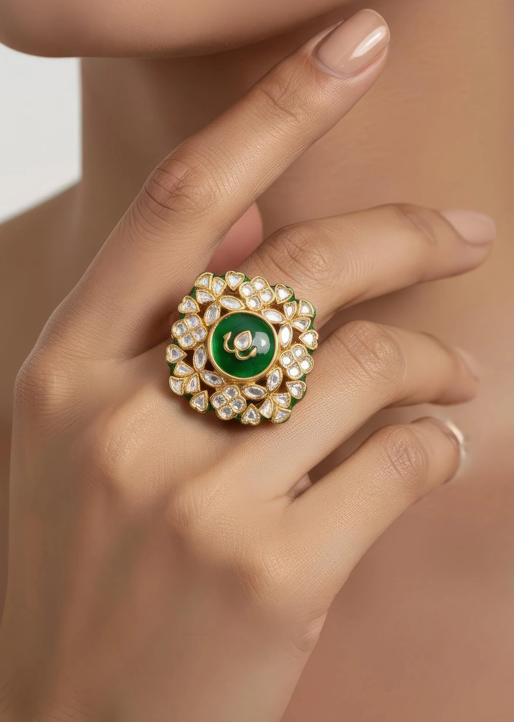 1192-intricate-gold-details-and-sparkling-studs-green-kundan-polki-ring-1.webp Intricate Gold Details And Sparkling Studs Green Kundan Polki Ring