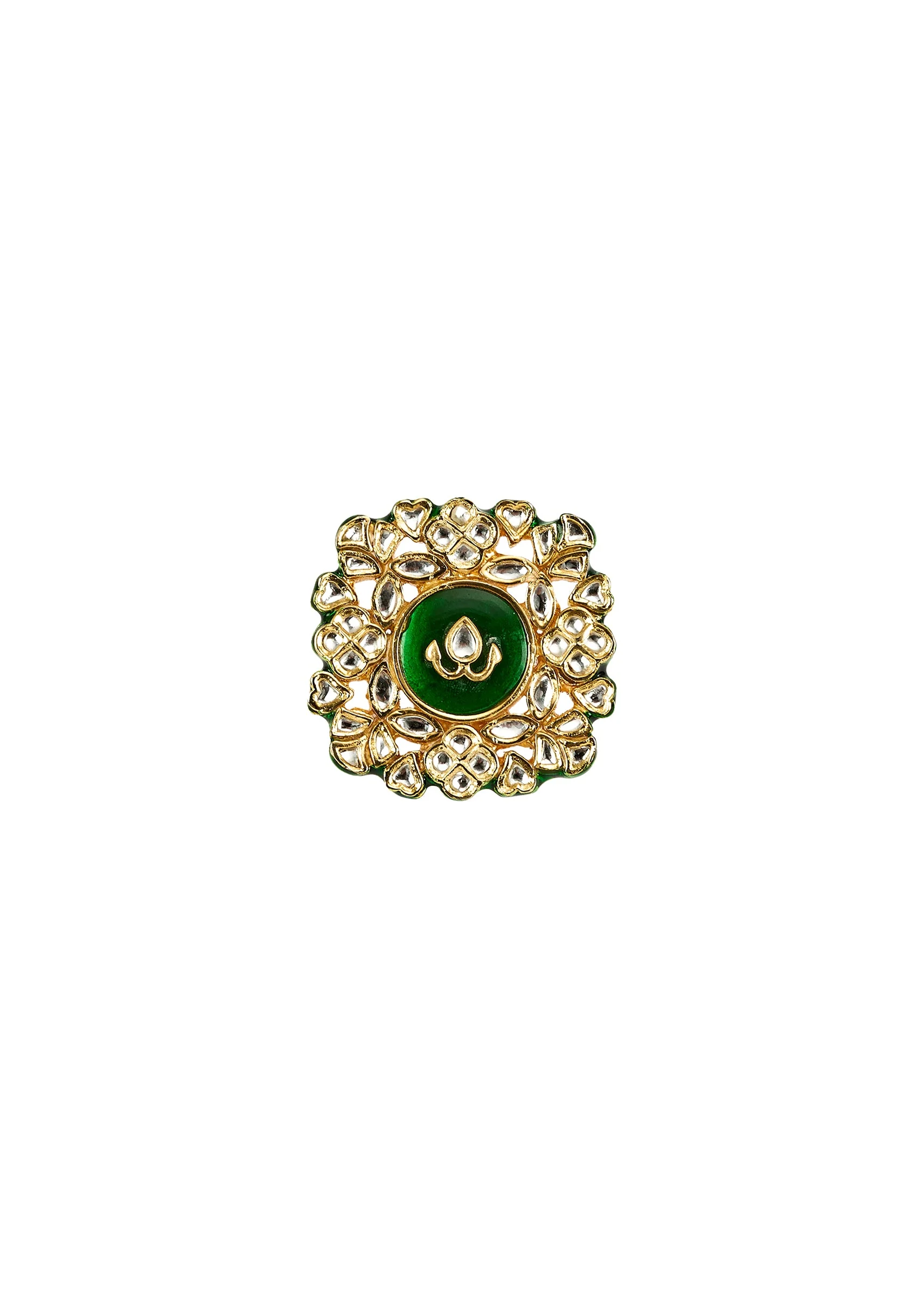 Intricate Gold Details And Sparkling Studs Green Kundan Polki Ring