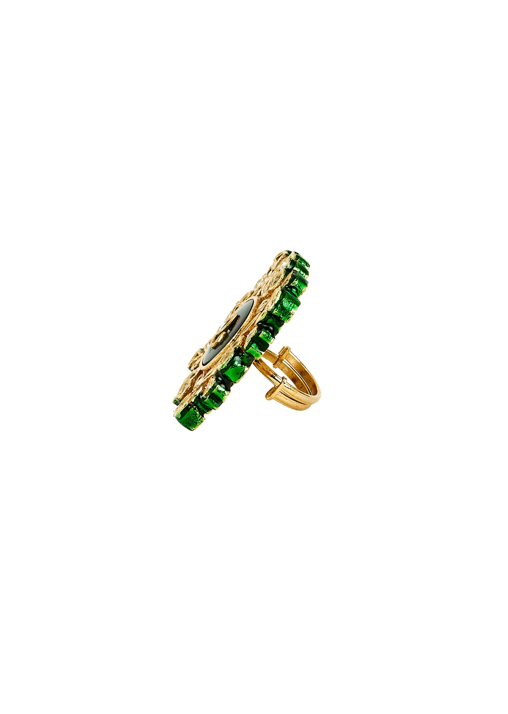 Intricate Gold Details And Sparkling Studs Green Kundan Polki Ring