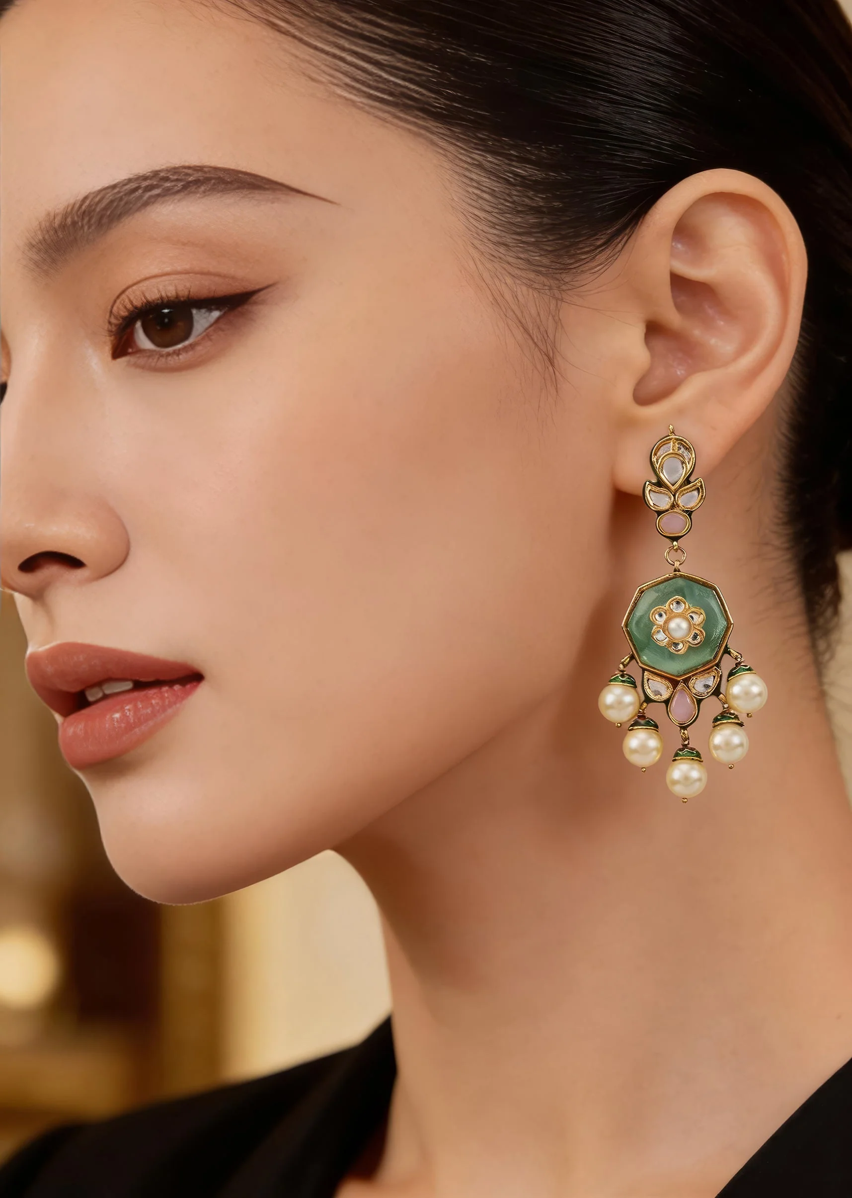 Green Kundan Polki Pearl Drop Earrings