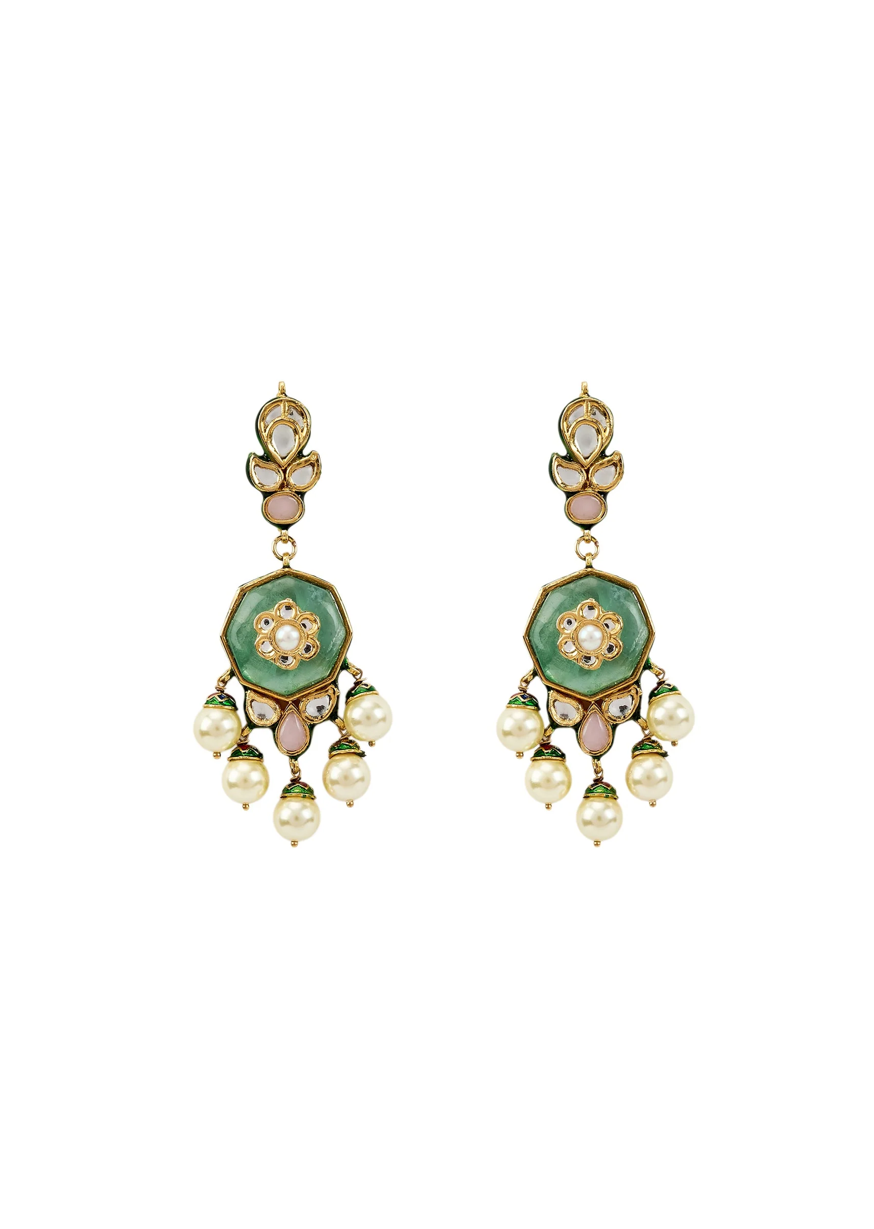 Green Kundan Polki Pearl Drop Earrings