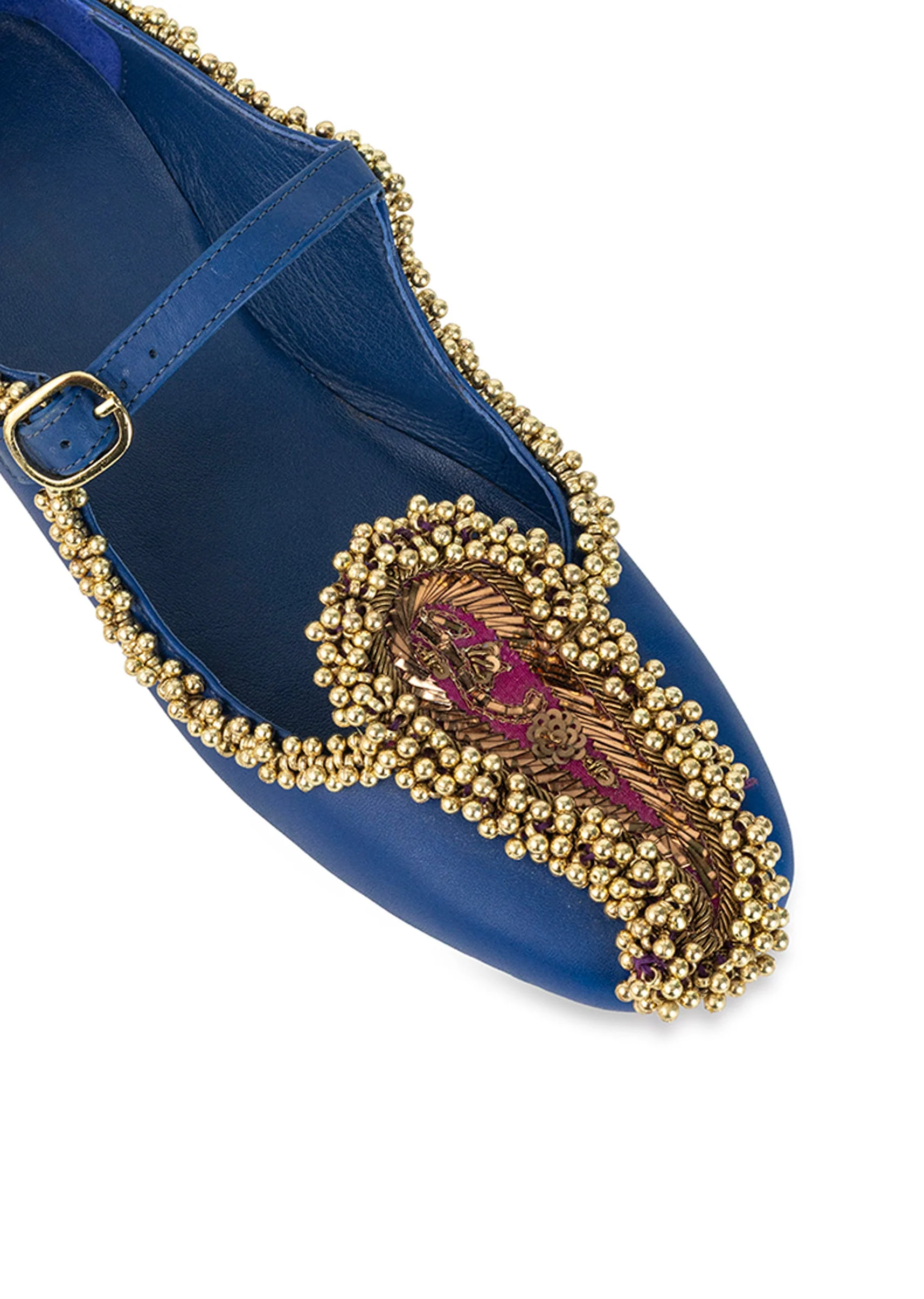 Blue Paisley Motif Faux Leather Embellished Juttis