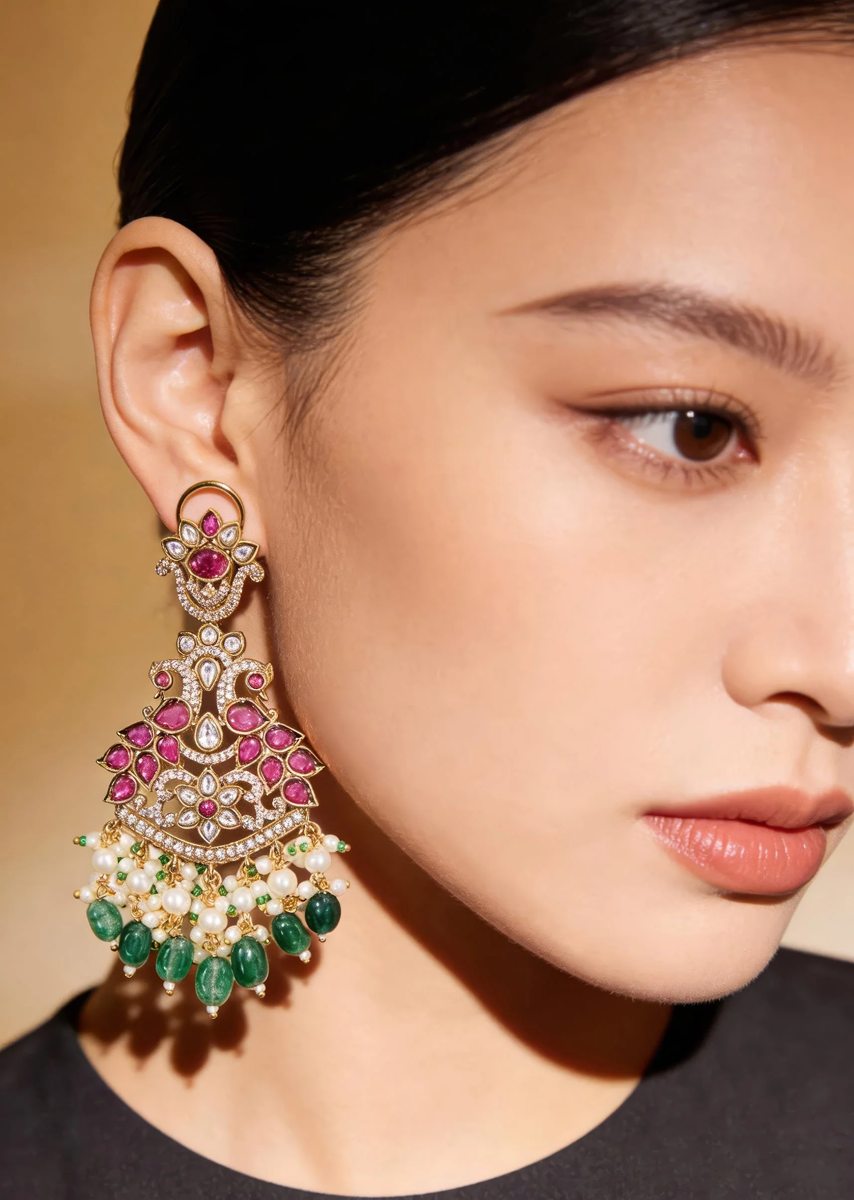 Ruby And Emerald Beaded Chandelier Earrings With Pearl Drops