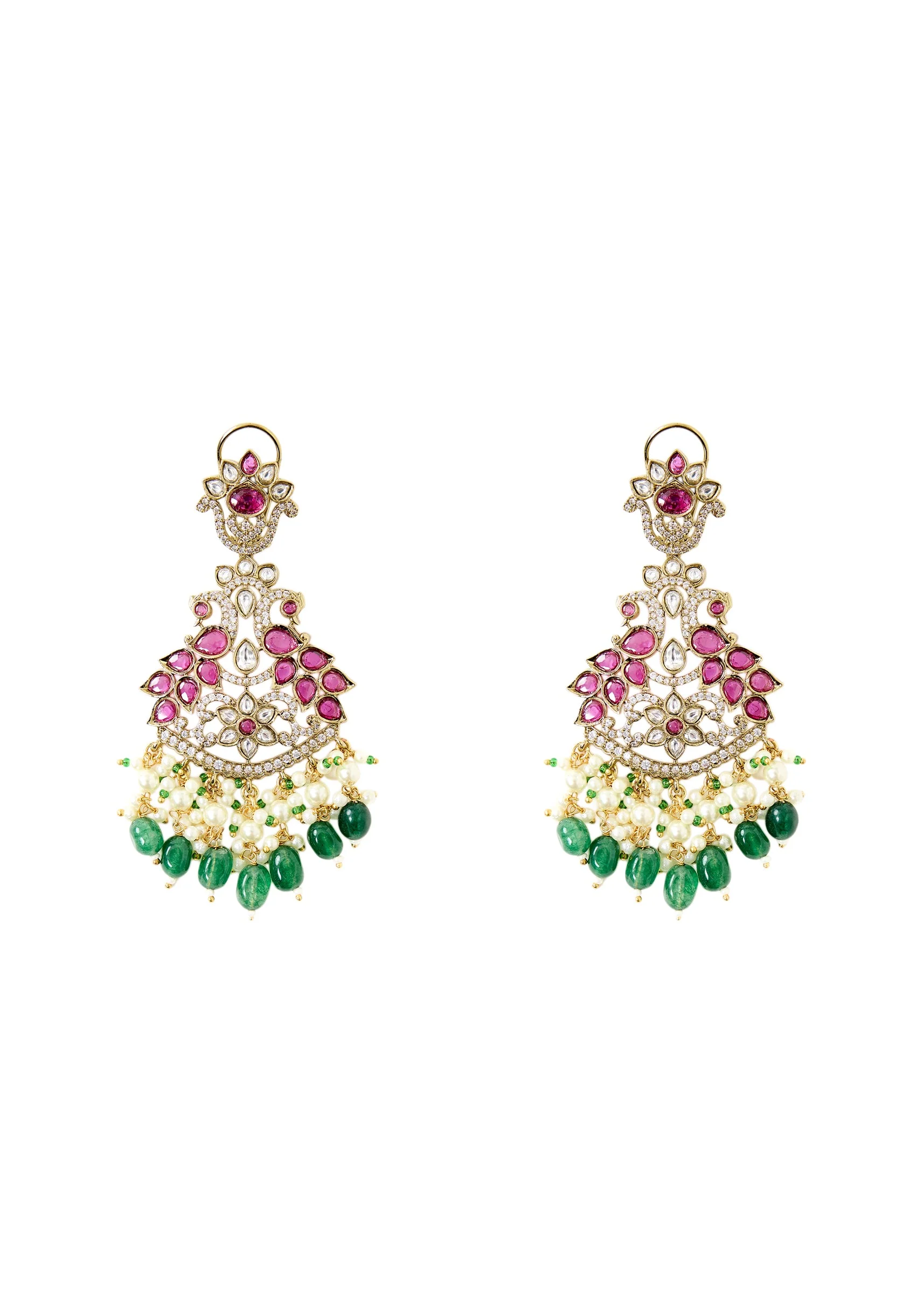 Ruby And Emerald Beaded Chandelier Earrings With Pearl Drops