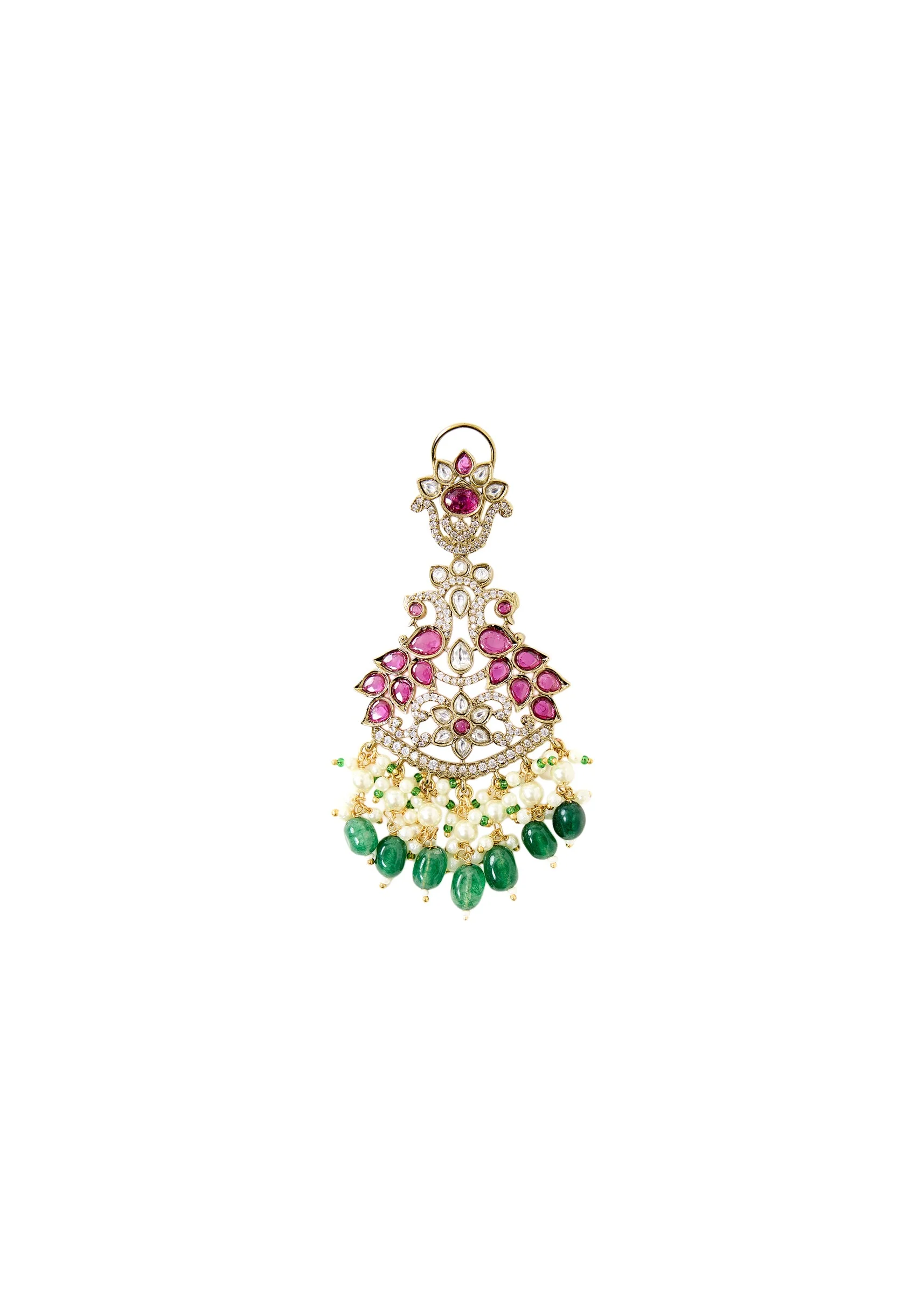 Ruby And Emerald Beaded Chandelier Earrings With Pearl Drops