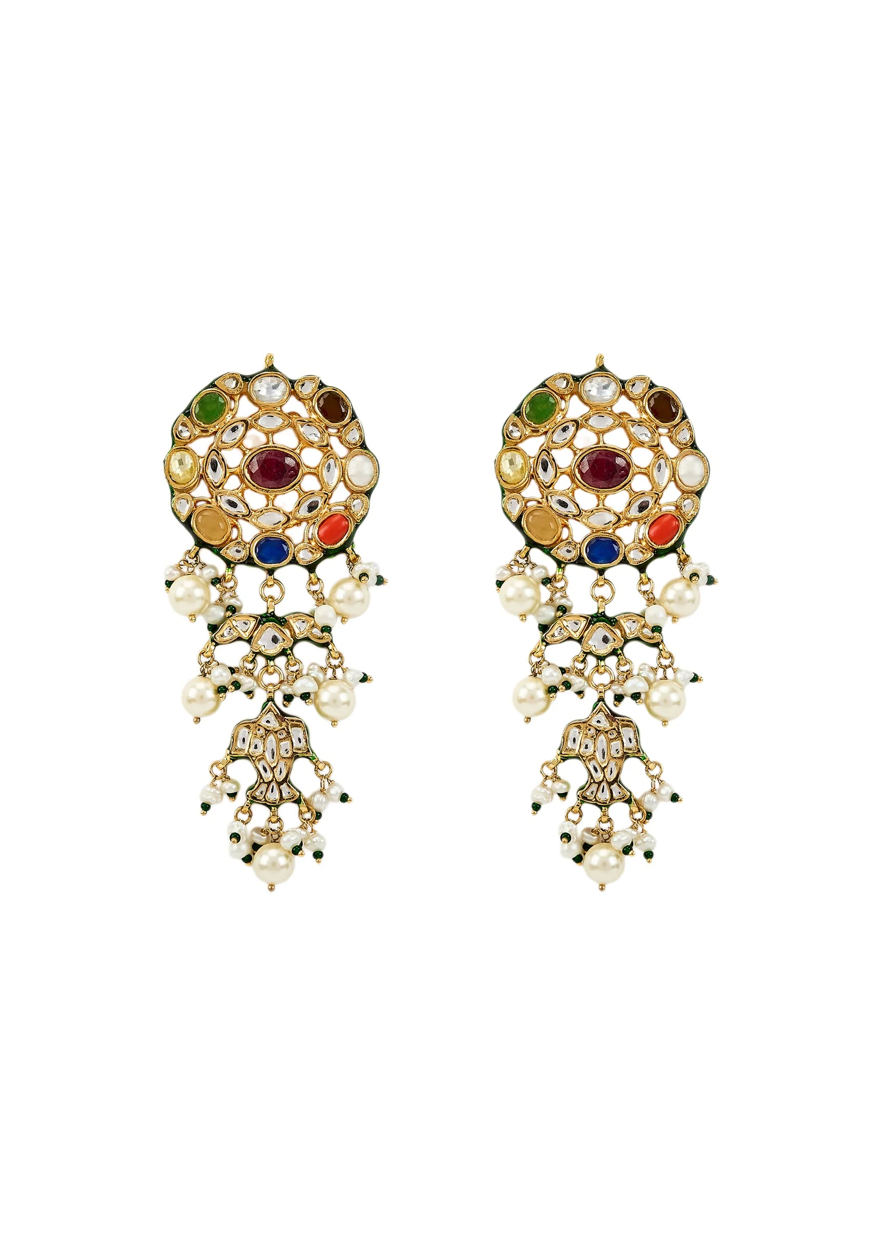 Gold Plated Multicolored Kundan Polki Drop Earrings