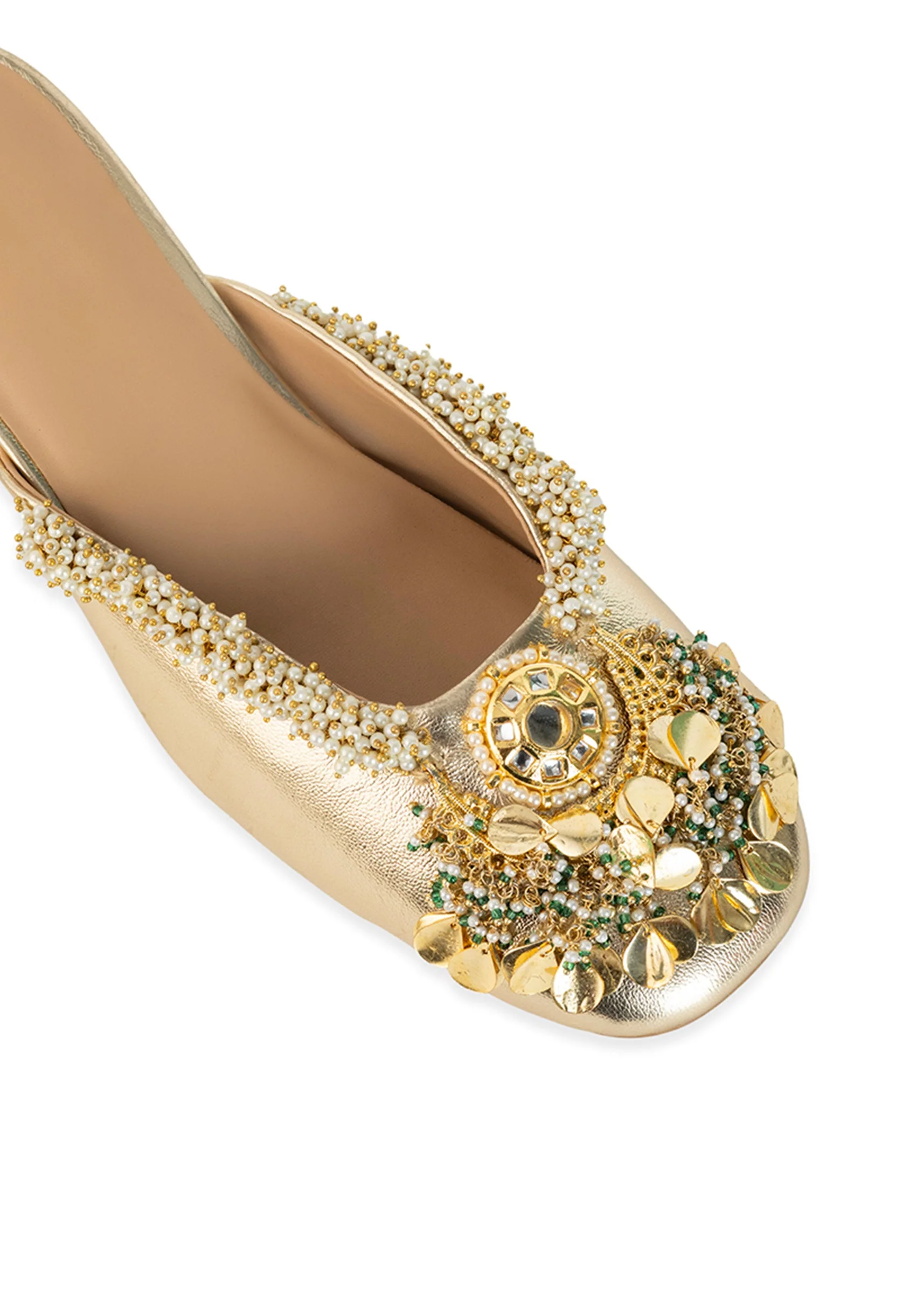Gold Pearl Hand Embellished Heel Mules