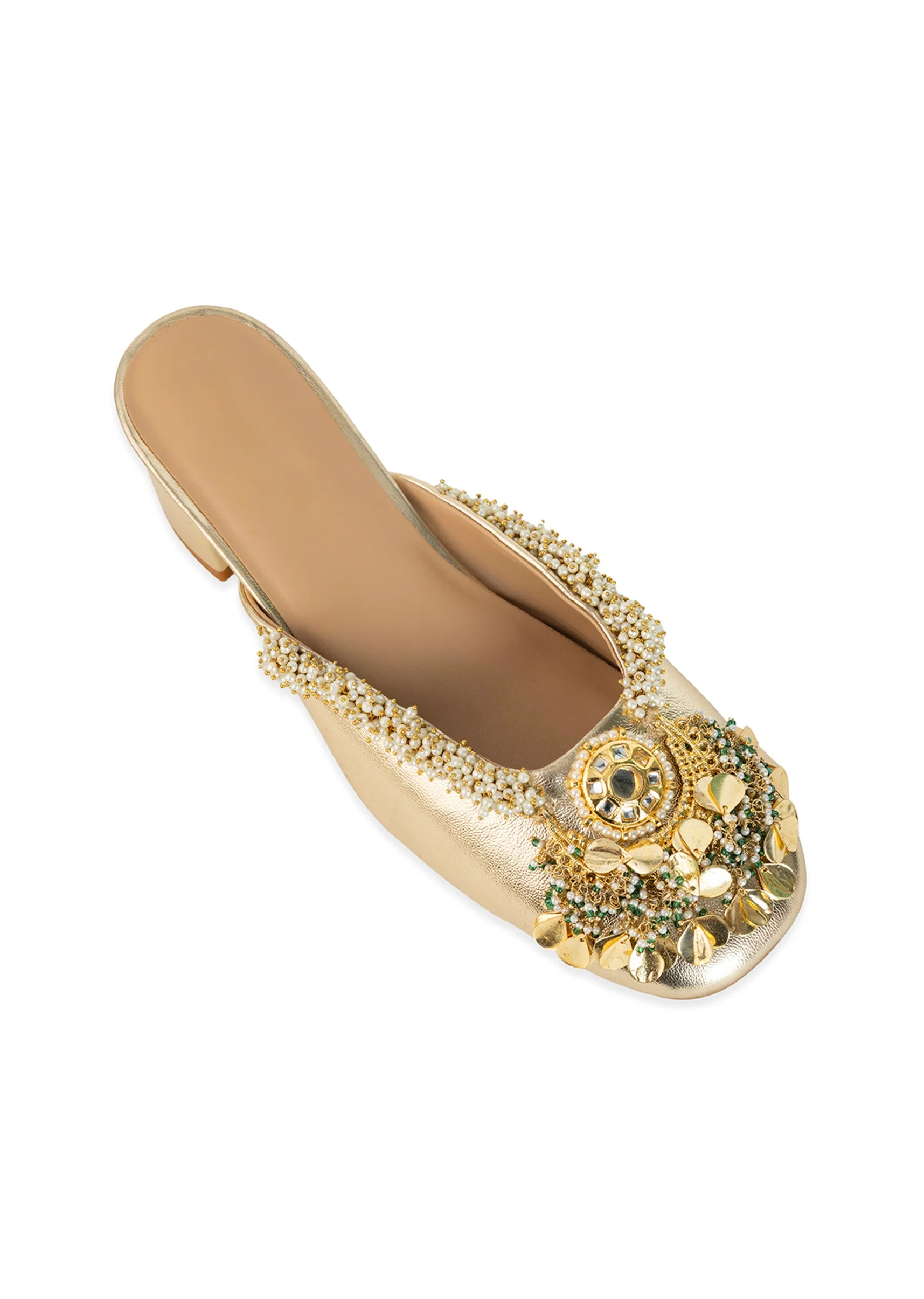 Gold Pearl Hand Embellished Heel Mules