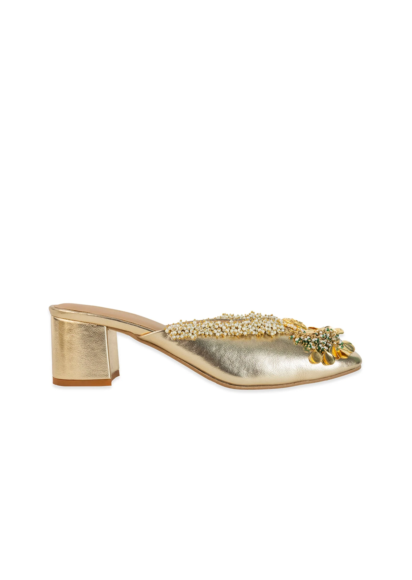 Gold Pearl Hand Embellished Heel Mules