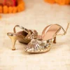 Gold Pearl Embellished Pointed Toe Heels