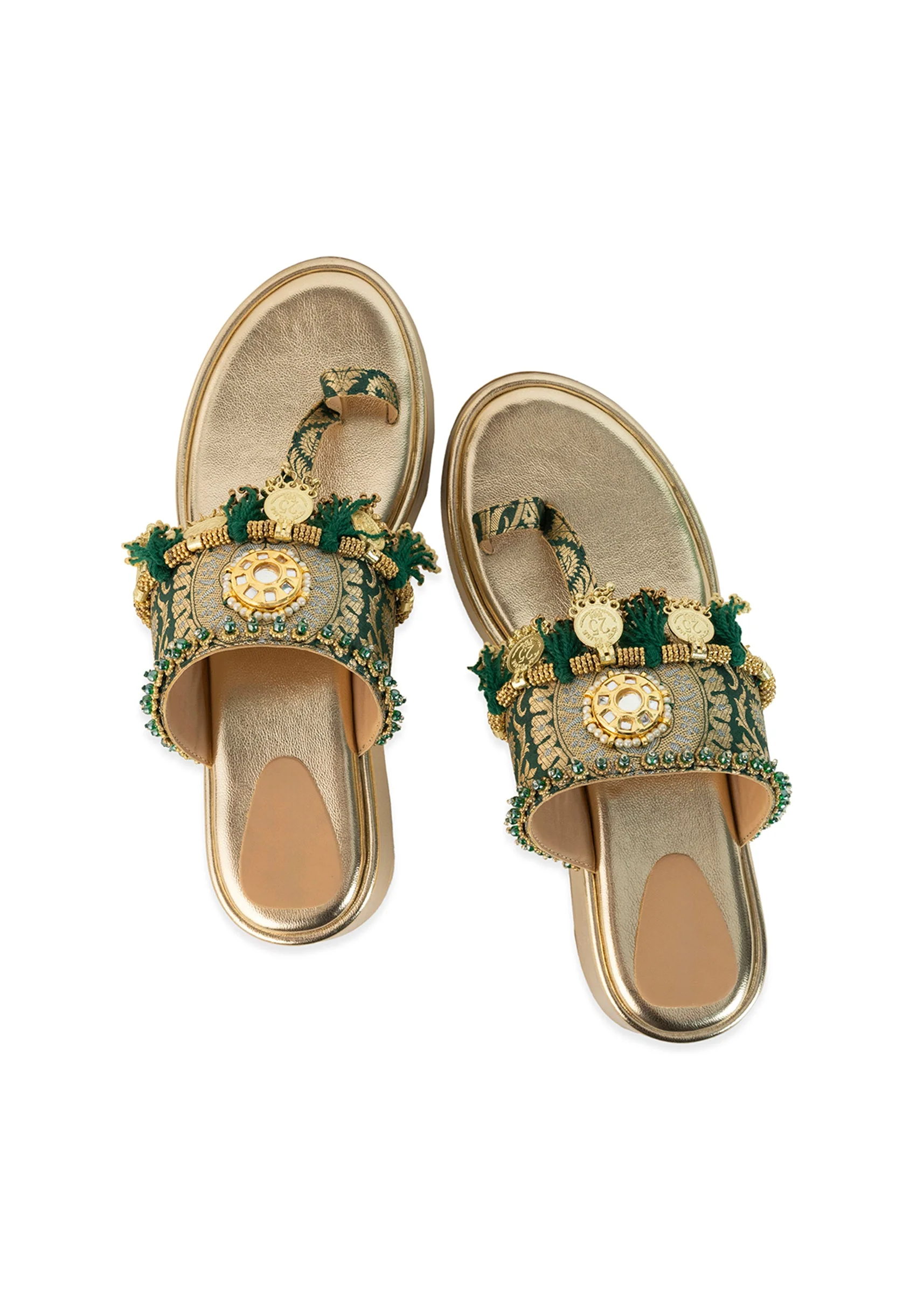 Gold Handcrafted Tassel Wedges with Brocade Straps