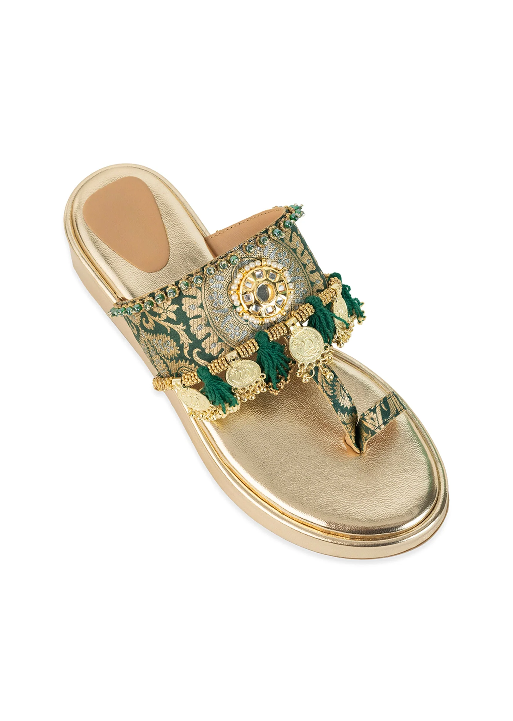 Gold Handcrafted Tassel Wedges with Brocade Straps