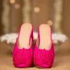 Pink Fuschia Satin Lotus Motif Heel Mules