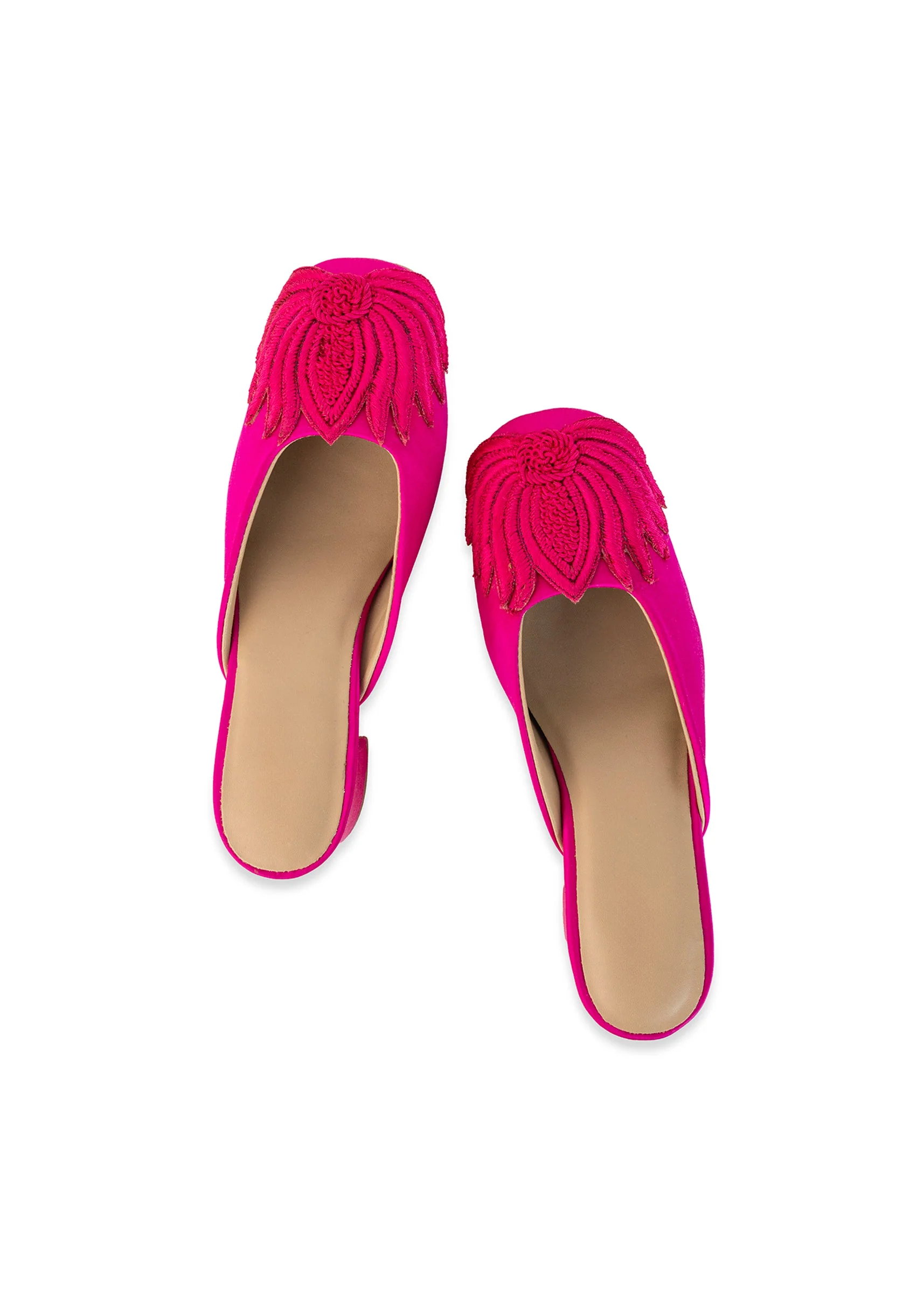 Pink Fuschia Satin Lotus Motif Heel Mules