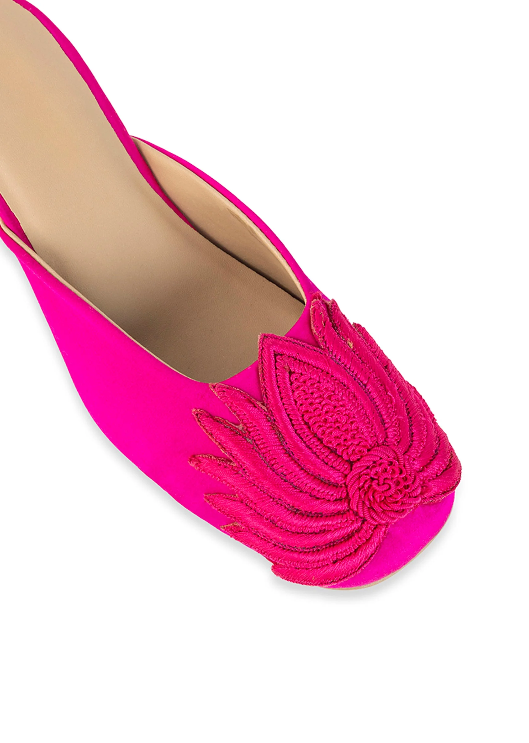 Pink Fuschia Satin Lotus Motif Heel Mules