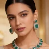 Silver Plated Green Synthetic Stone Choker Necklace Set With Earrings