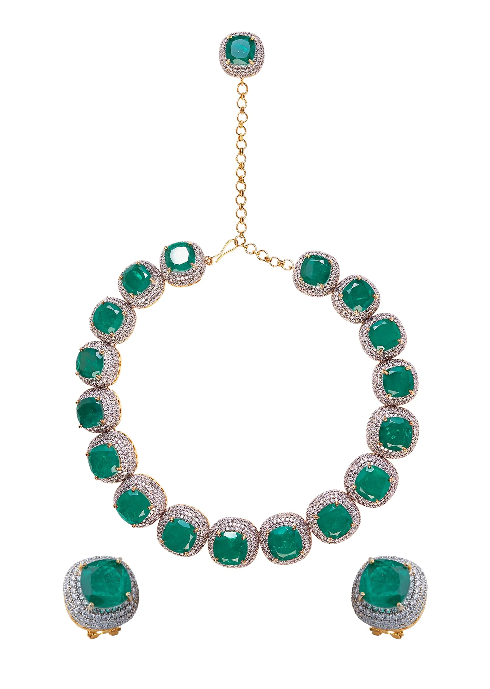 Silver Plated Green Synthetic Stone Choker Necklace Set With Earrings