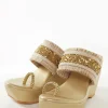 Gold Faux Leather Womens Footwear With Embellished  Work