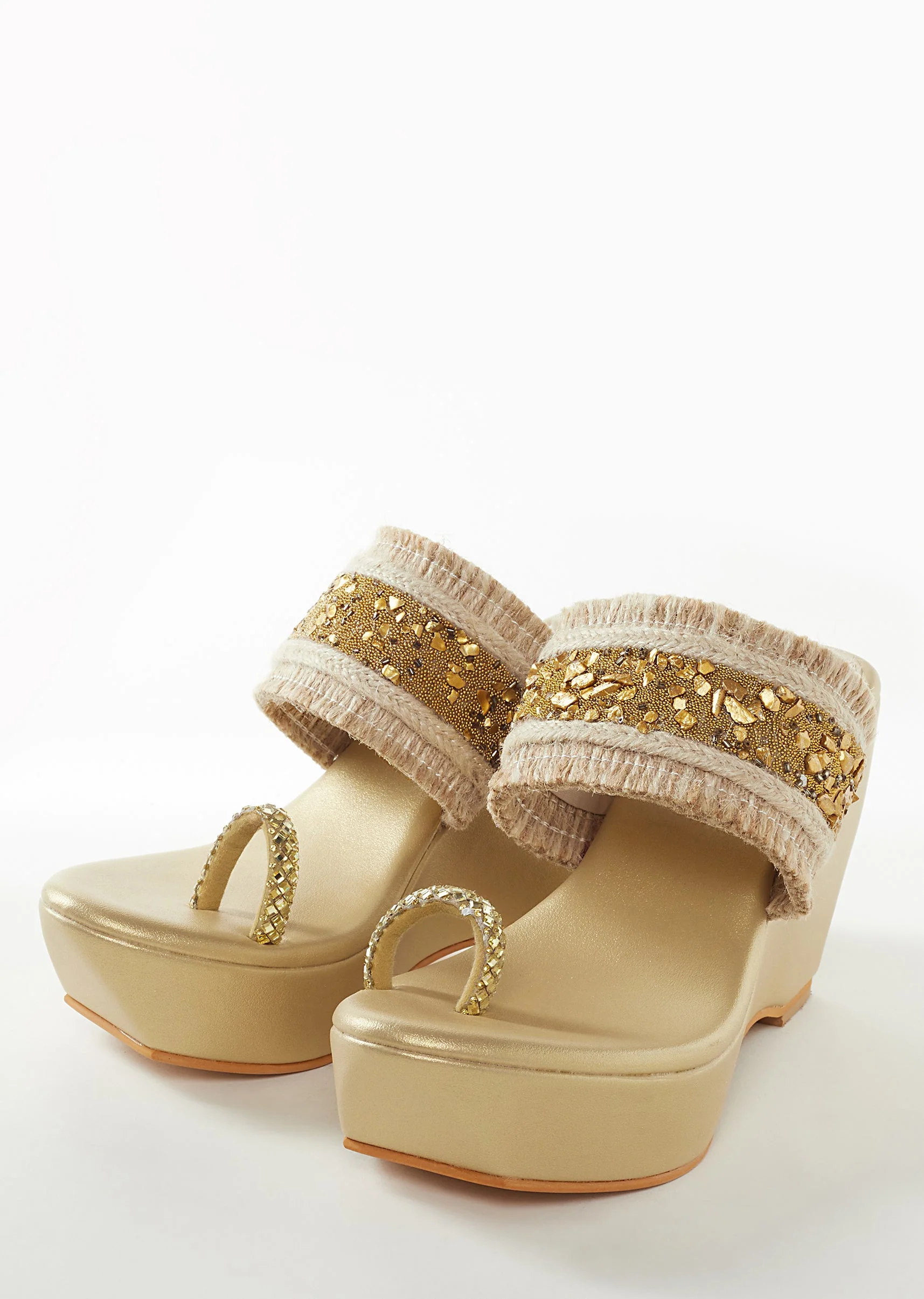 Gold Faux Leather Womens Footwear With Embellished  Work