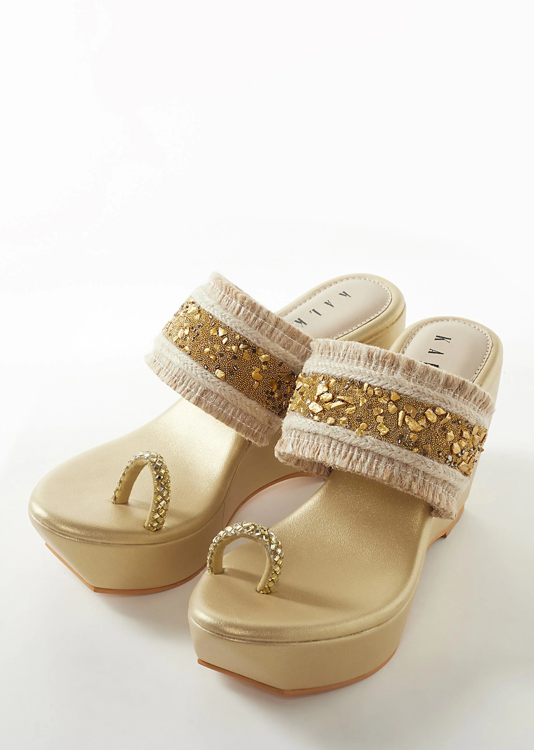 Gold Faux Leather Womens Footwear With Embellished  Work