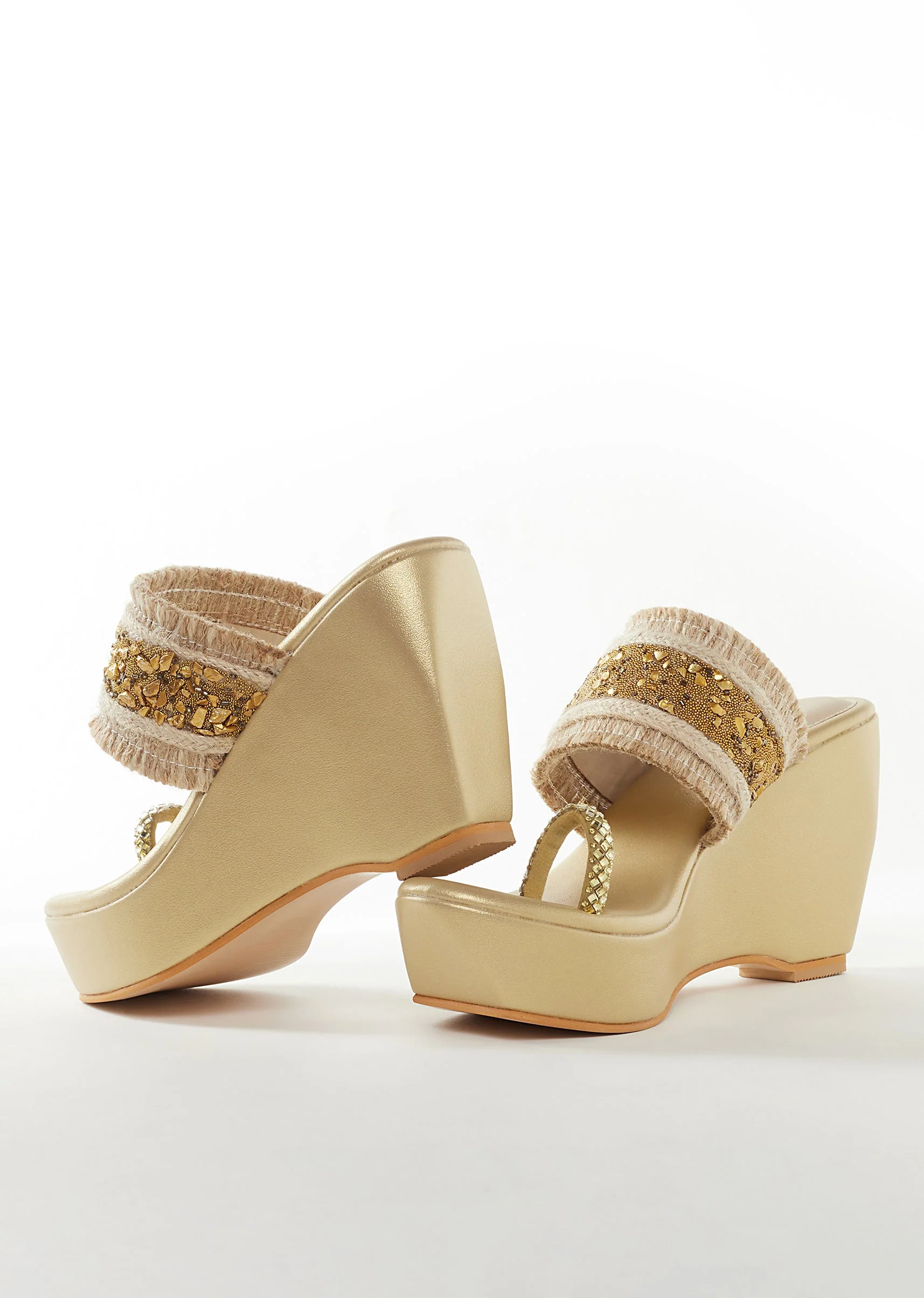 Gold Faux Leather Womens Footwear With Embellished  Work