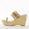 Gold Faux Leather Womens Footwear With Embellished  Work