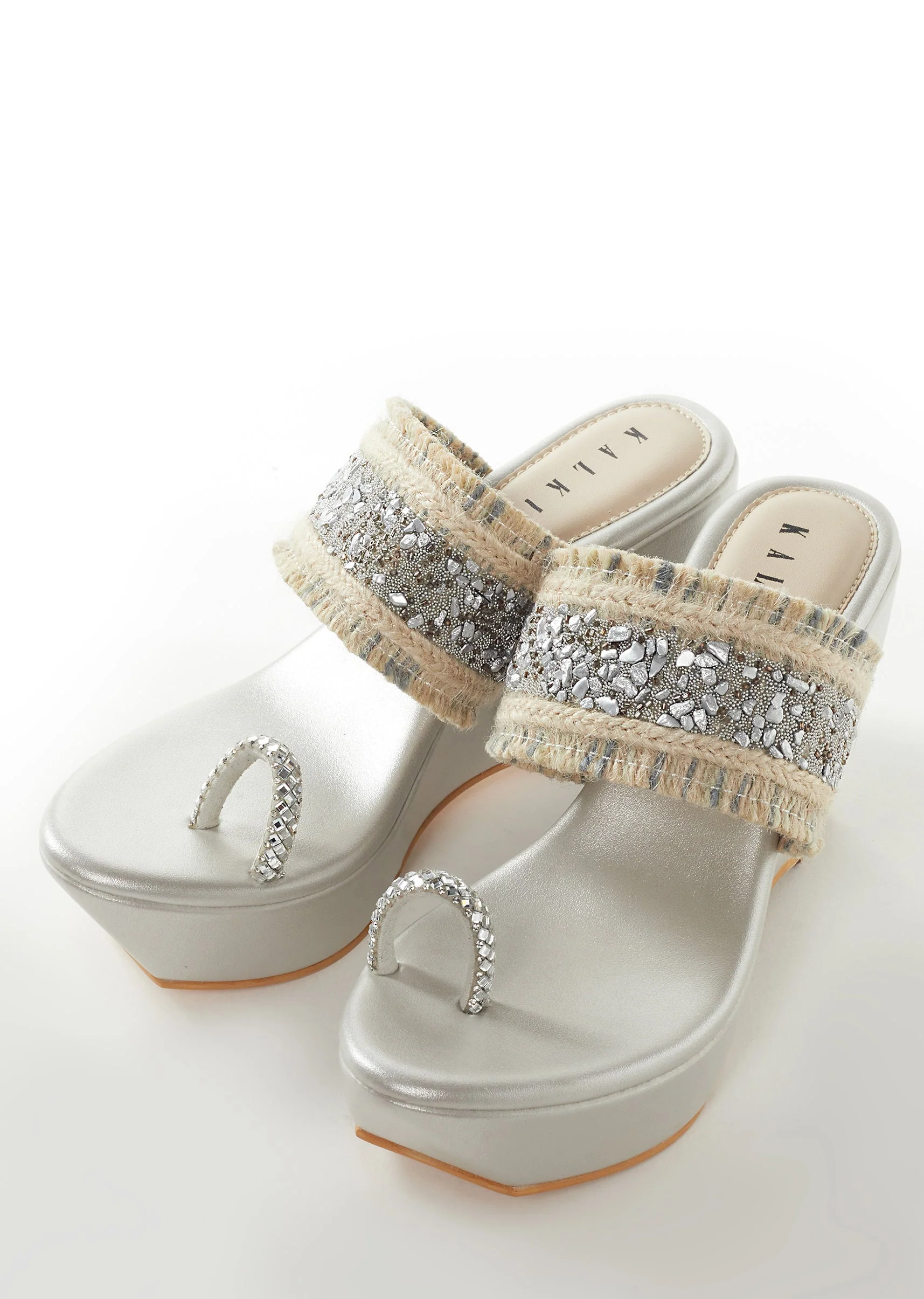 Silver Faux Leather Womens Footwear Embellished Detail Work