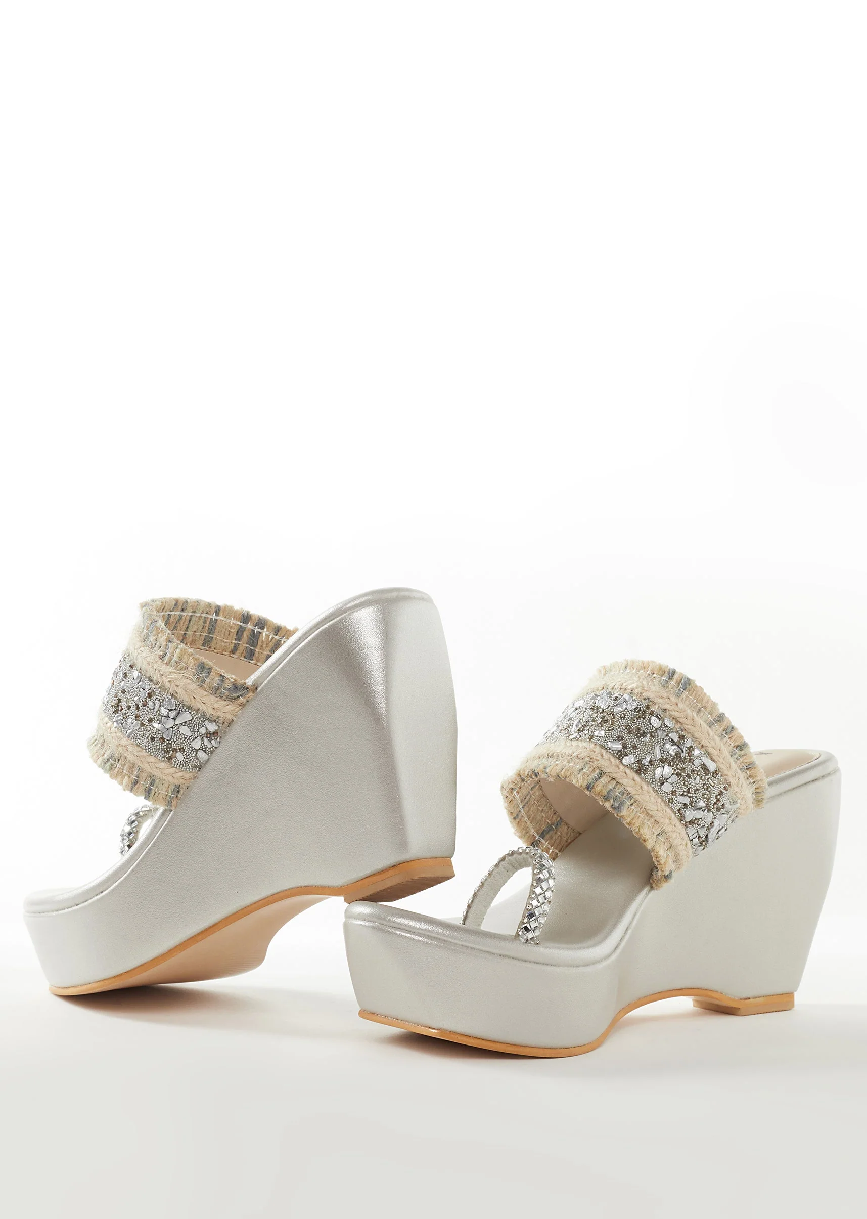 Silver Faux Leather Womens Footwear Embellished Detail Work