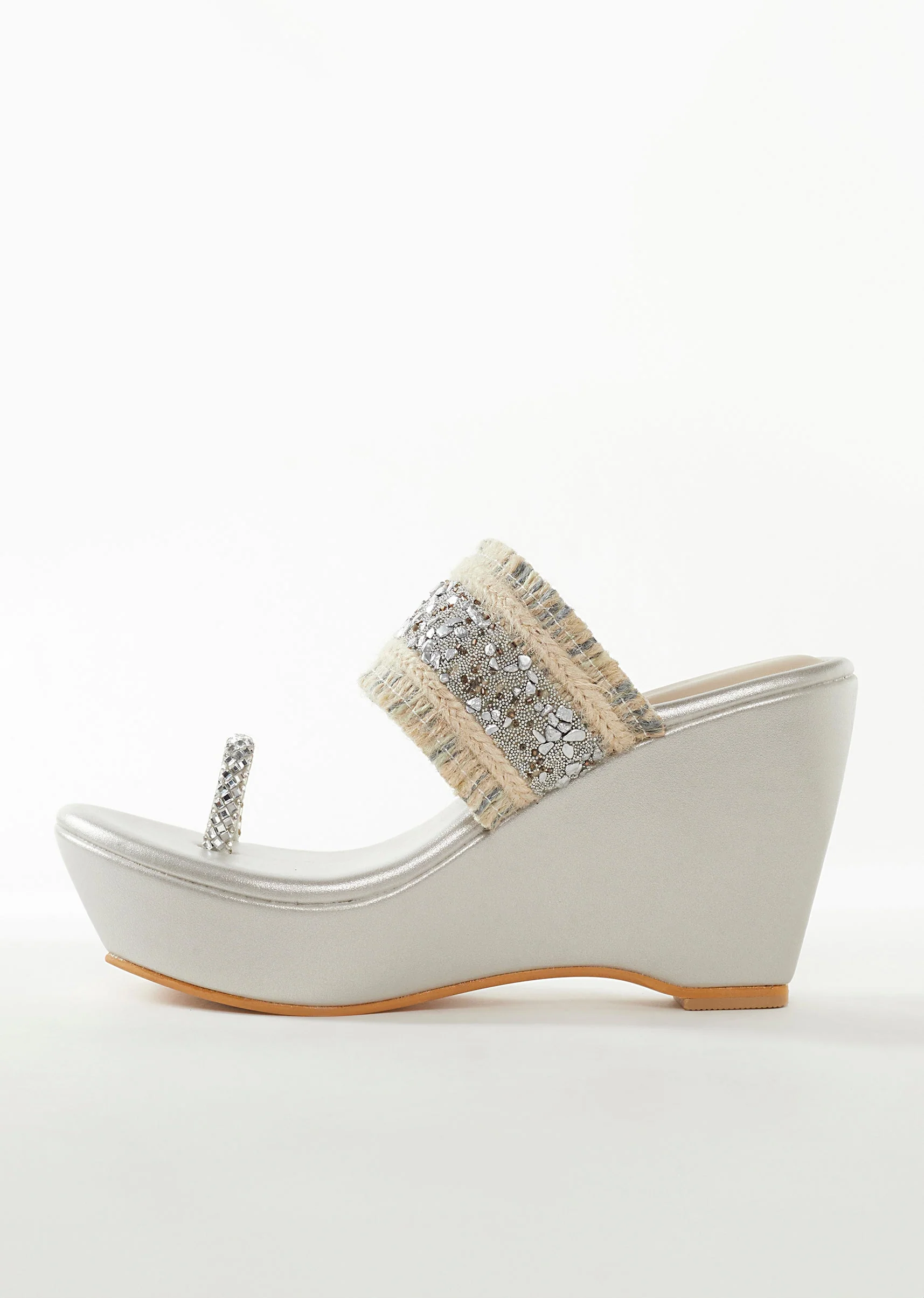 Silver Faux Leather Womens Footwear Embellished Detail Work