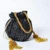 Black Potli Bag In Sequins Fabric With Cut Dana Tassels And Handle By Solasta