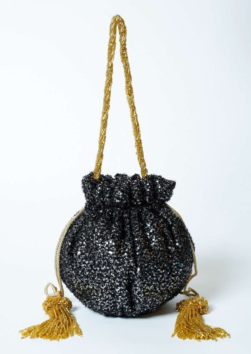 Black Potli Bag In Sequins Fabric With Cut Dana Tassels And Handle By Solasta