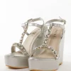 Silver Faux Leather Womens Footwear With Embellished Detail Work