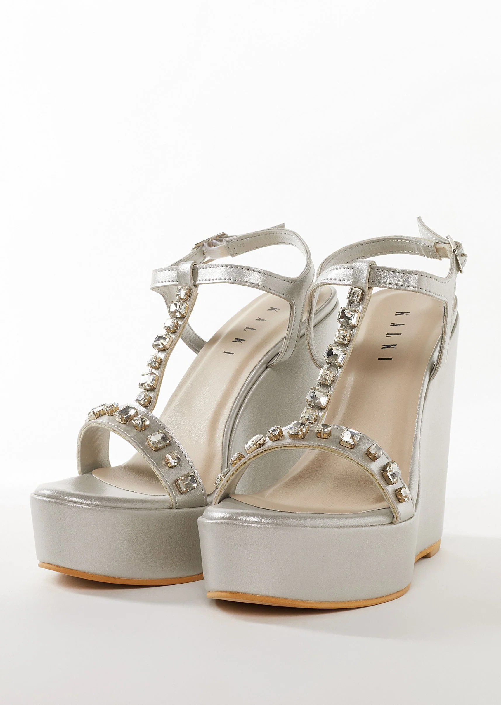 Silver Faux Leather Womens Footwear With Embellished Detail Work