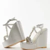 Silver Faux Leather Womens Footwear With Embellished Detail Work