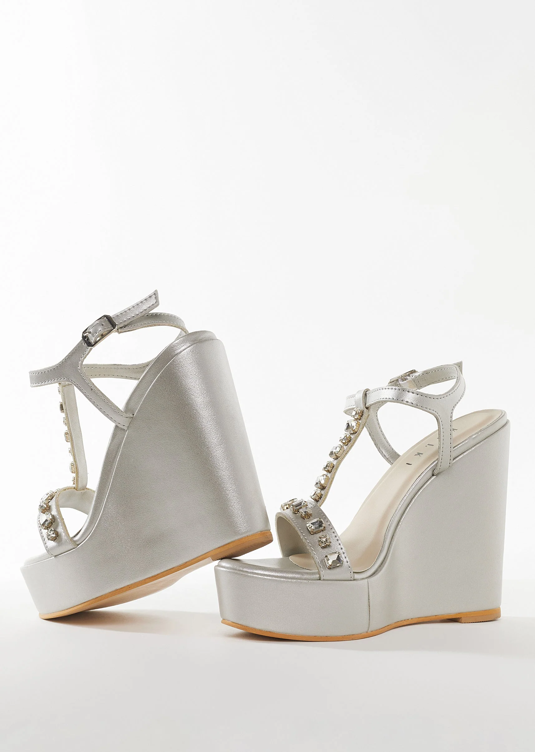 Silver Faux Leather Womens Footwear With Embellished Detail Work