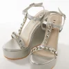 Silver Faux Leather Womens Footwear With Embellished Detail Work