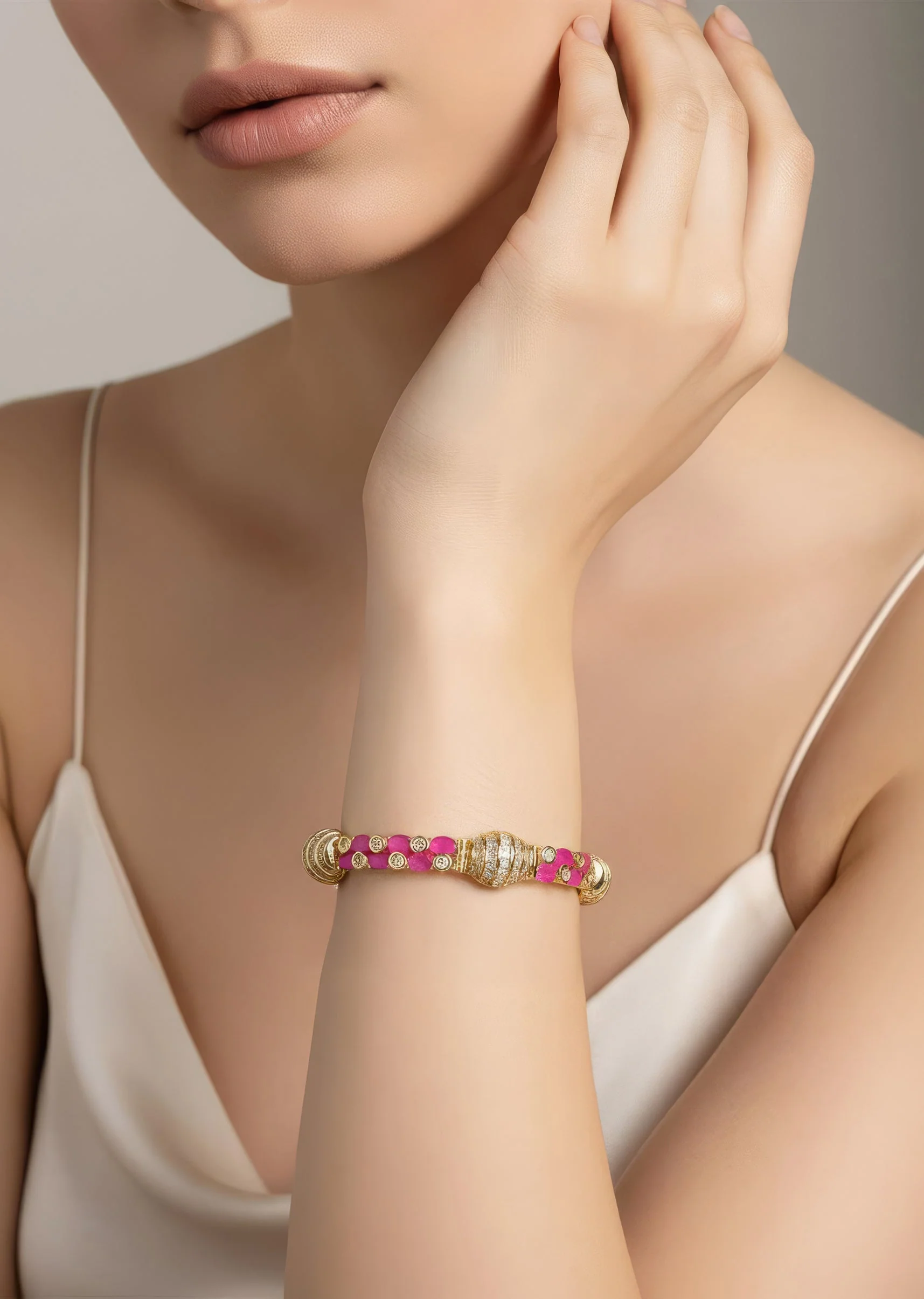 1211-gold-plated-dazzling-white-and-pink-synthetic-stone-bangles-1.webp Gold Plated Dazzling White And Pink Synthetic Stone Bangles