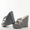 Charcoal Grey Faux Leather Womens Footwear With Embellished Detail Work