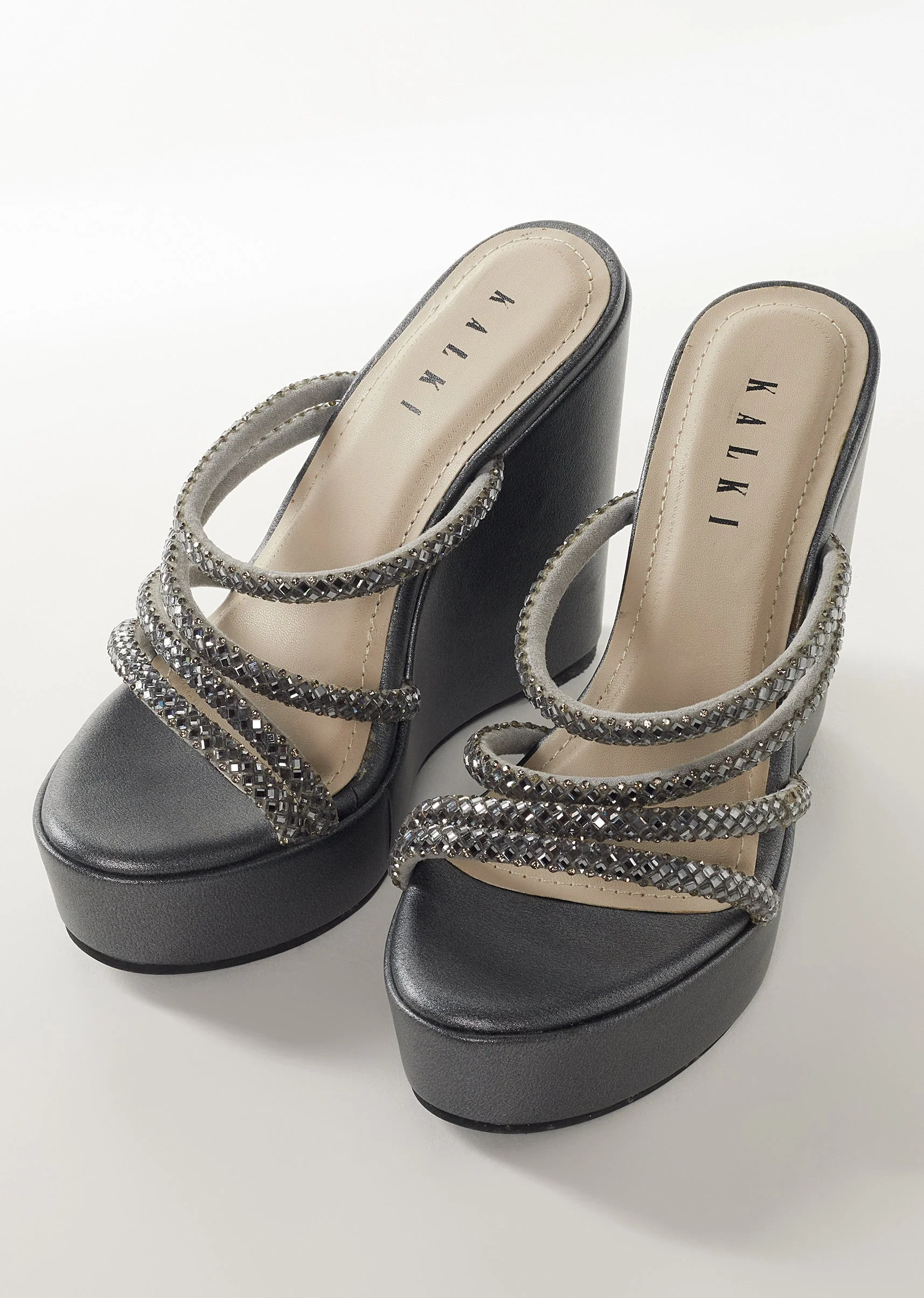 Charcoal Grey Faux Leather Womens Footwear With Embellished Detail Work