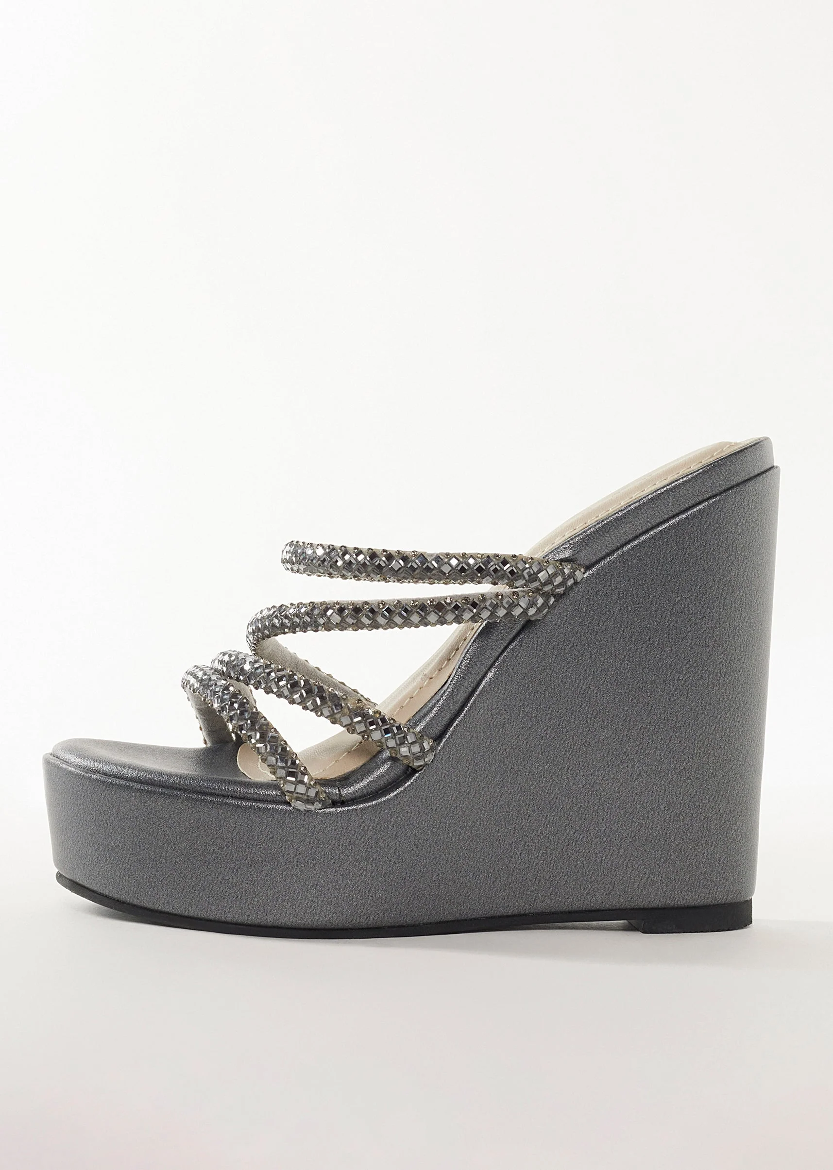 Charcoal Grey Faux Leather Womens Footwear With Embellished Detail Work