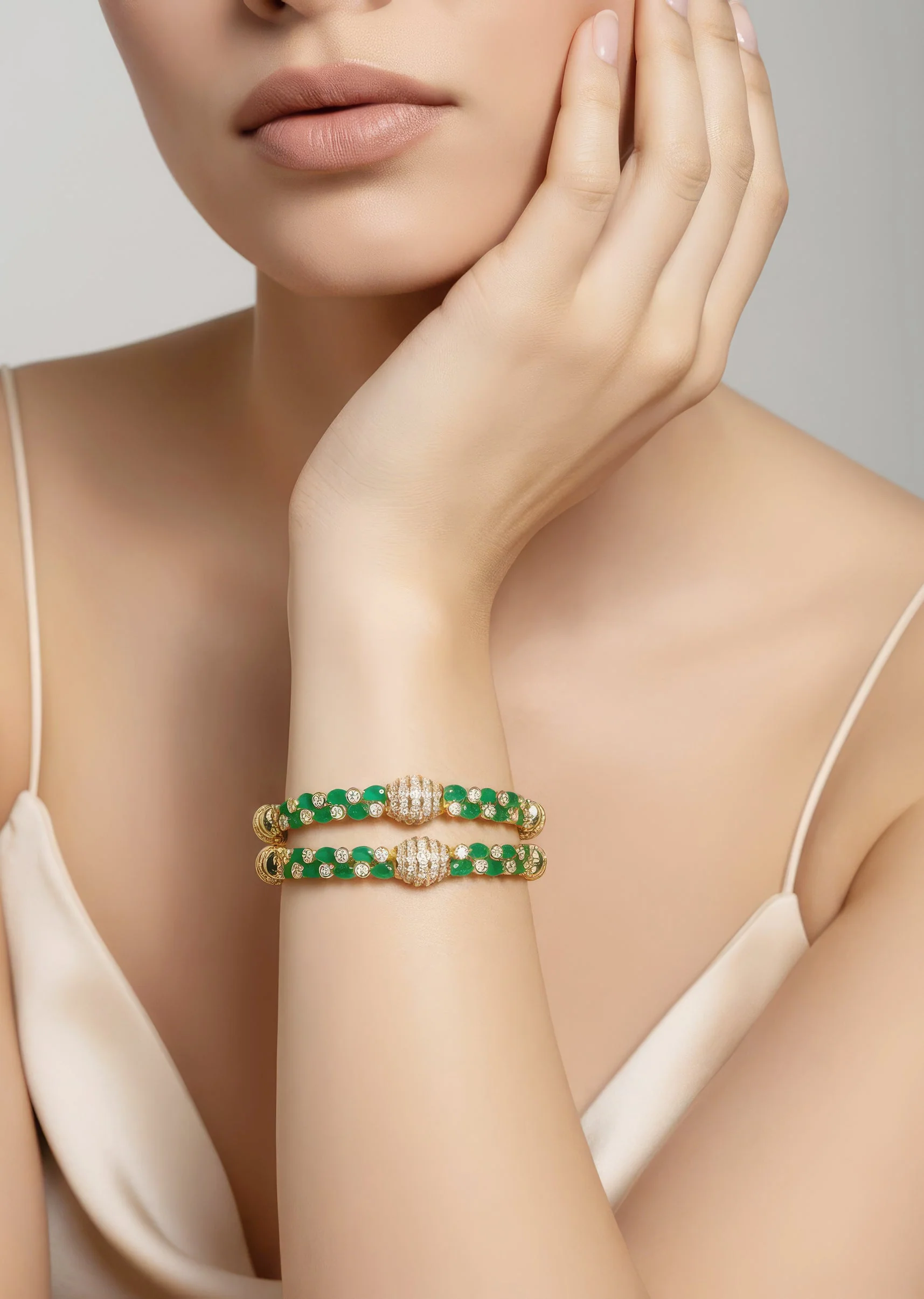 1212-gold-plated-green-synthetic-stone-bangles-1.webp Gold Plated Green Synthetic Stone Bangles
