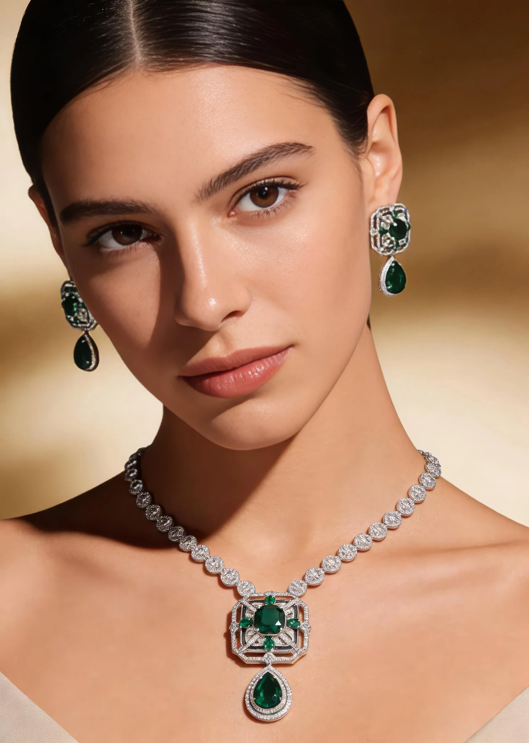 1213-silver-plated-green-zircon-short-necklace-set-with-earrings-1.webp Silver Plated Green Zircon Short Necklace Set With Earrings
