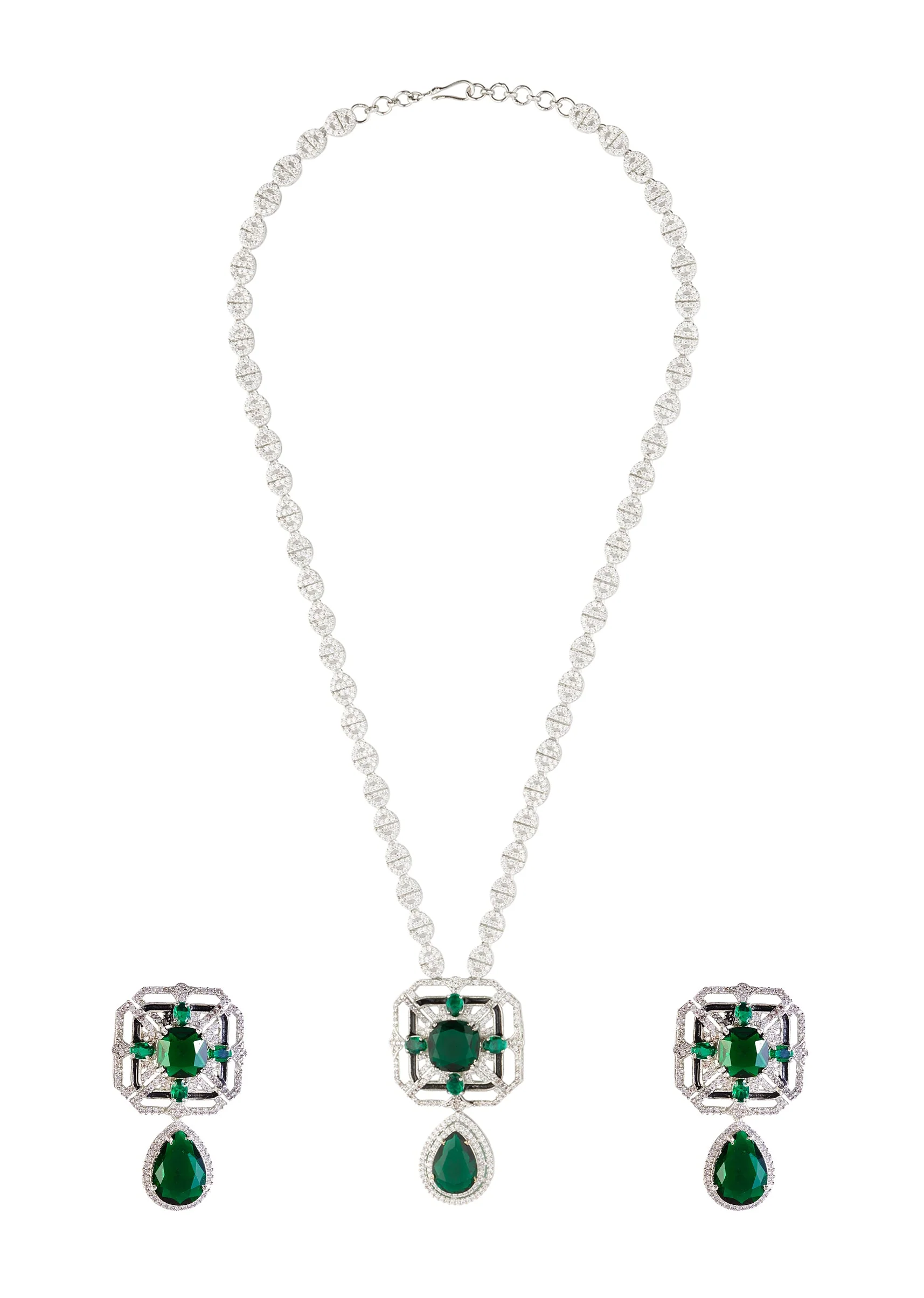 Silver Plated Green Zircon Short Necklace Set With Earrings