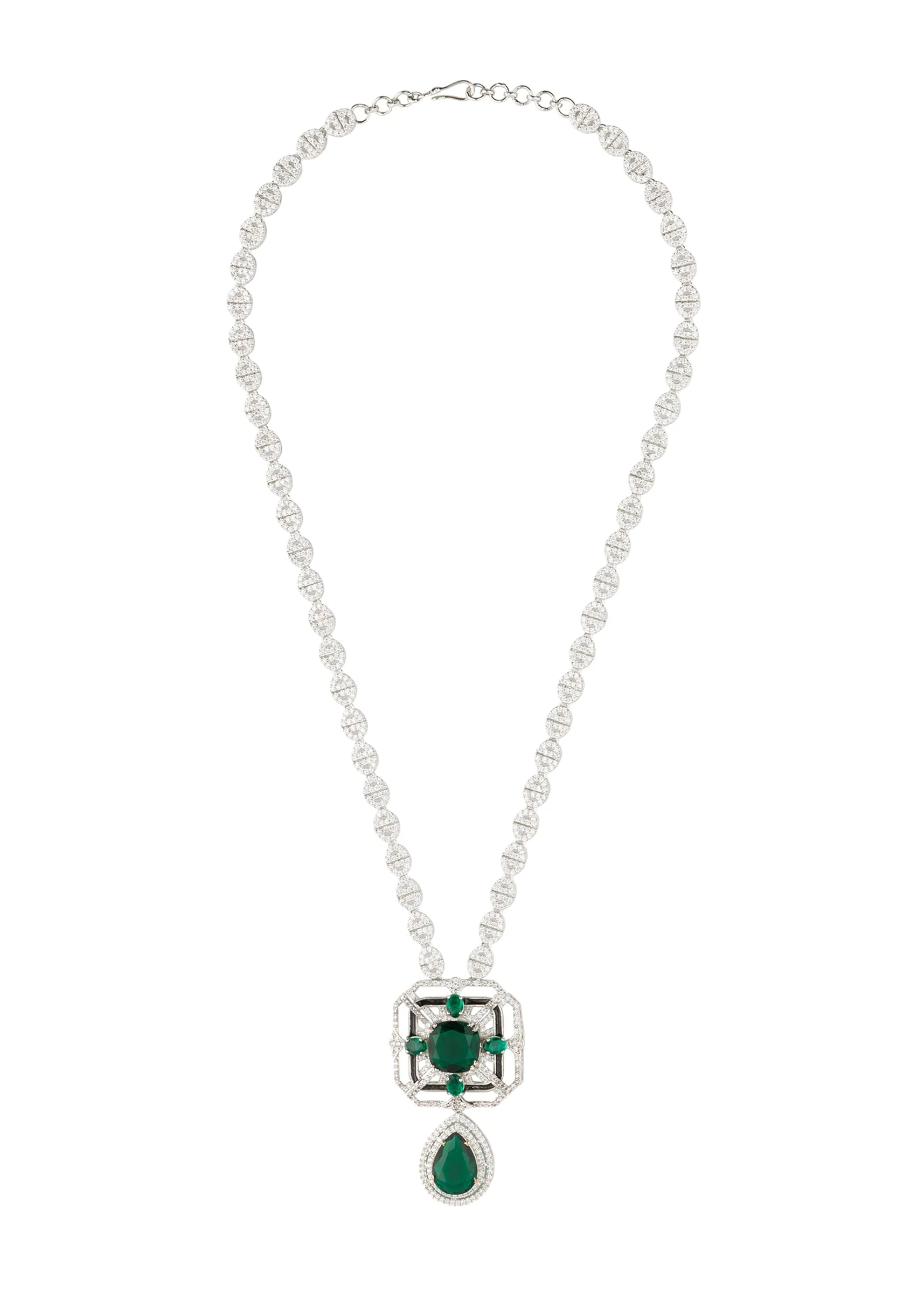 Silver Plated Green Zircon Short Necklace Set With Earrings