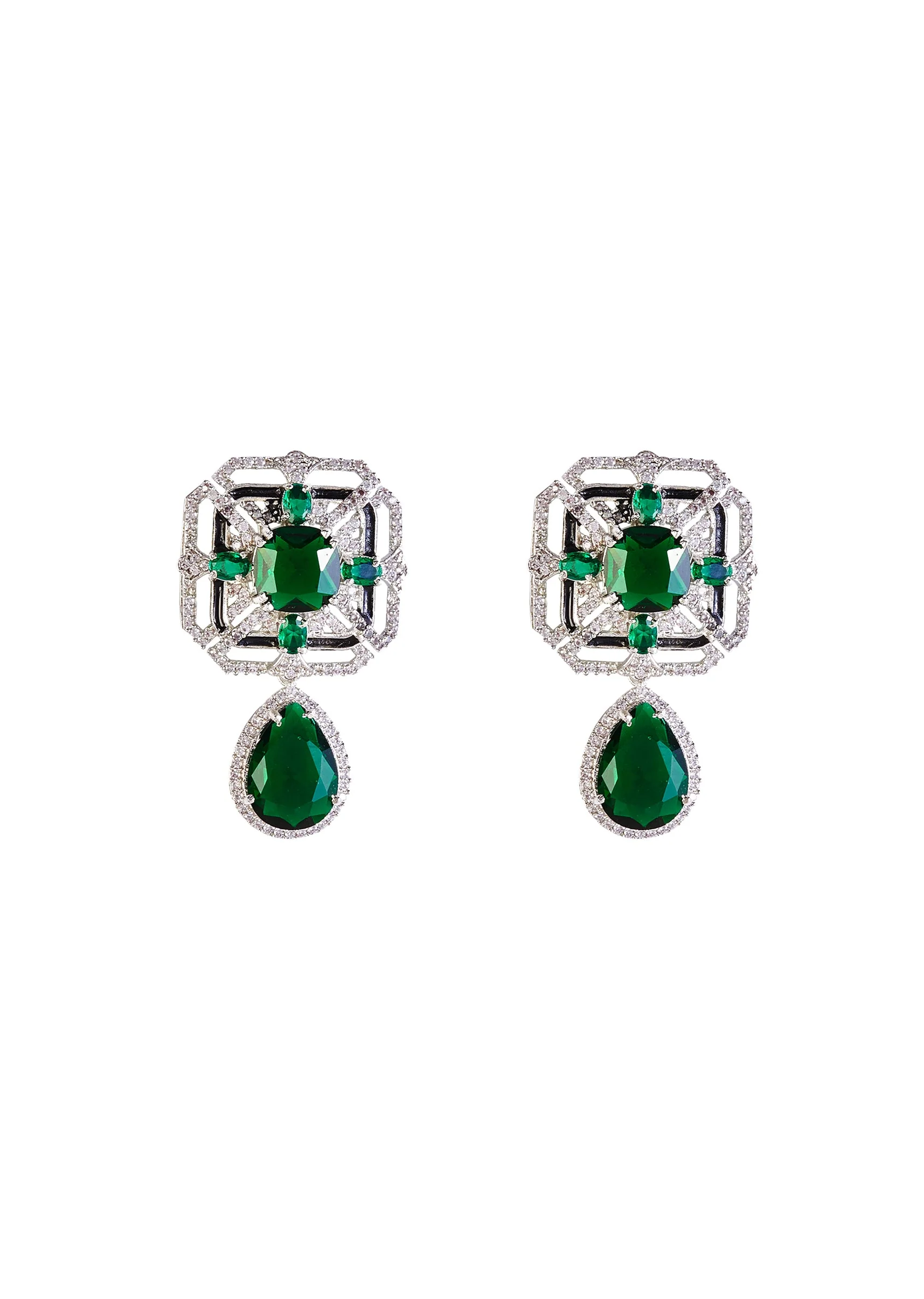 Silver Plated Green Zircon Short Necklace Set With Earrings